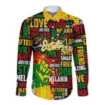 Black History Month Africa Long Sleeve Button Shirt Strength Love and Justice Typography