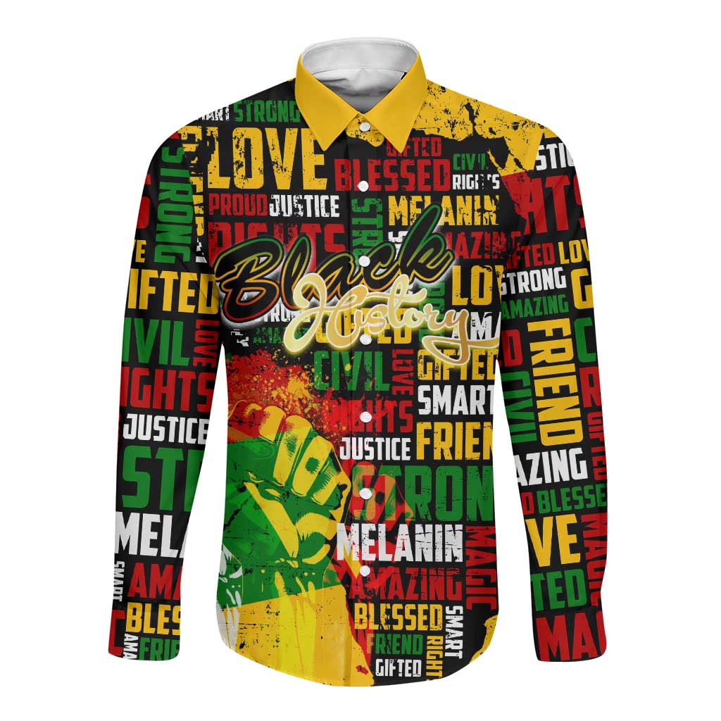 Black History Month Africa Long Sleeve Button Shirt Strength Love and Justice Typography