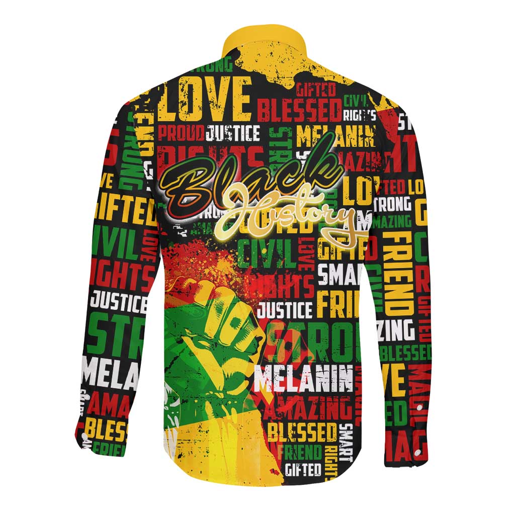 Black History Month Africa Long Sleeve Button Shirt Strength Love and Justice Typography