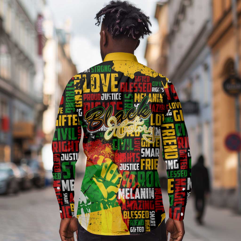Black History Month Africa Long Sleeve Button Shirt Strength Love and Justice Typography