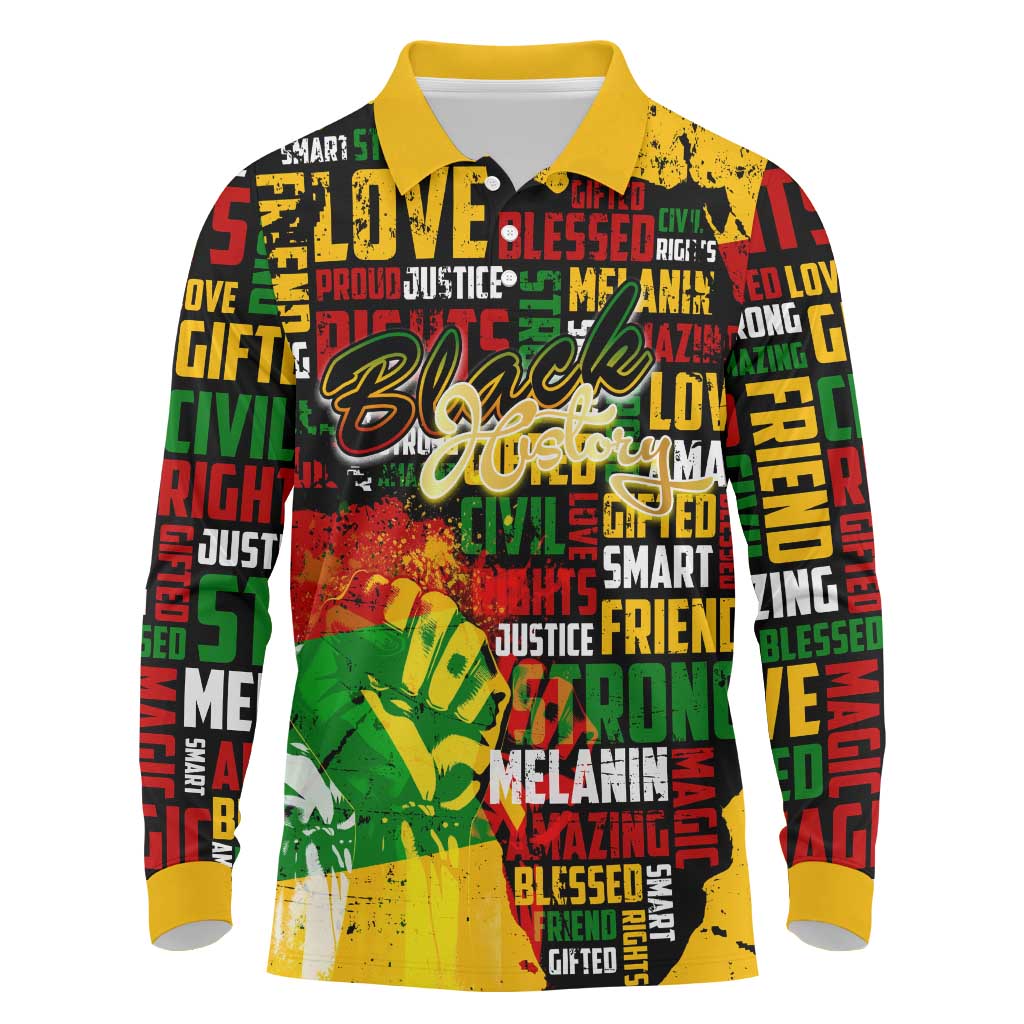 Black History Month Africa Long Sleeve Polo Shirt Strength Love and Justice Typography