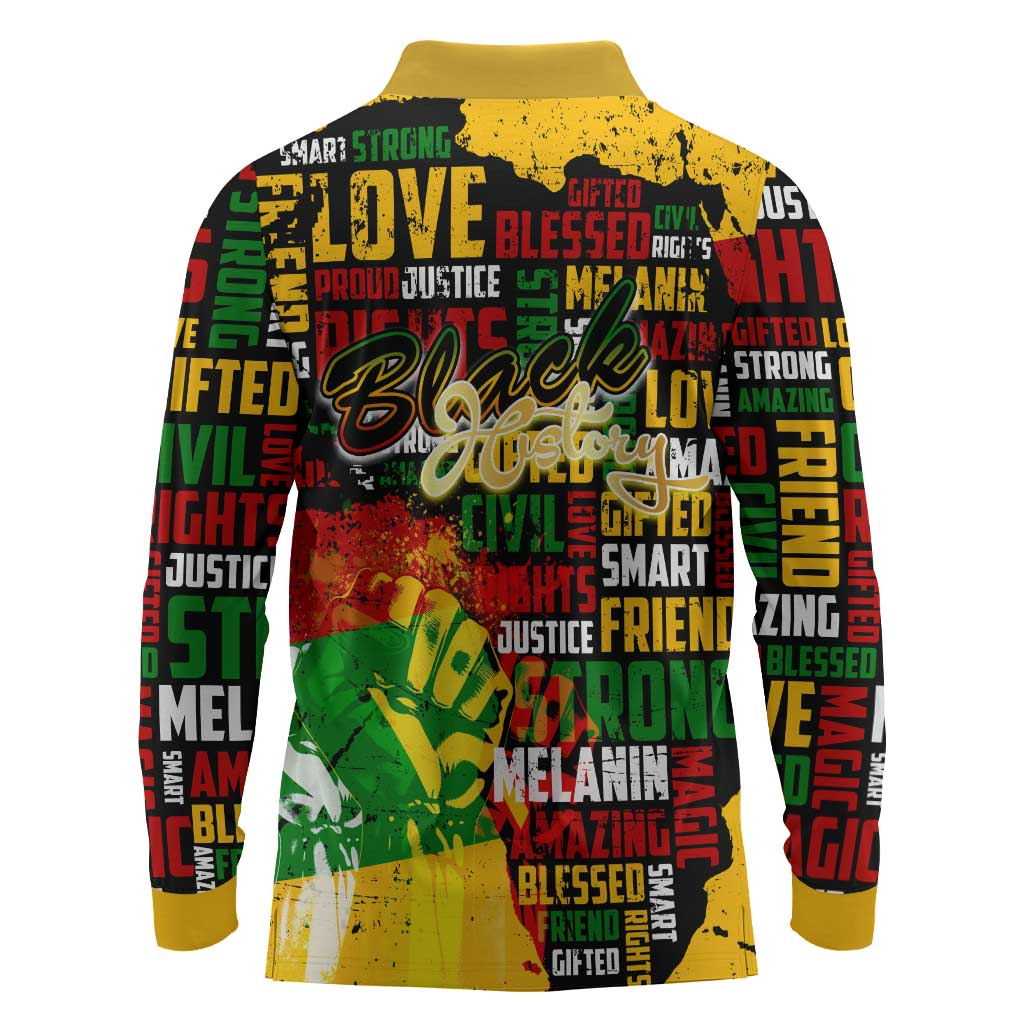 Black History Month Africa Long Sleeve Polo Shirt Strength Love and Justice Typography