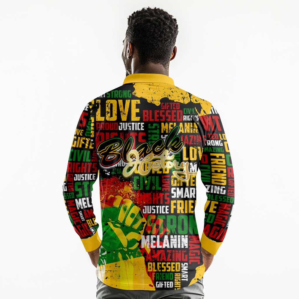 Black History Month Africa Long Sleeve Polo Shirt Strength Love and Justice Typography