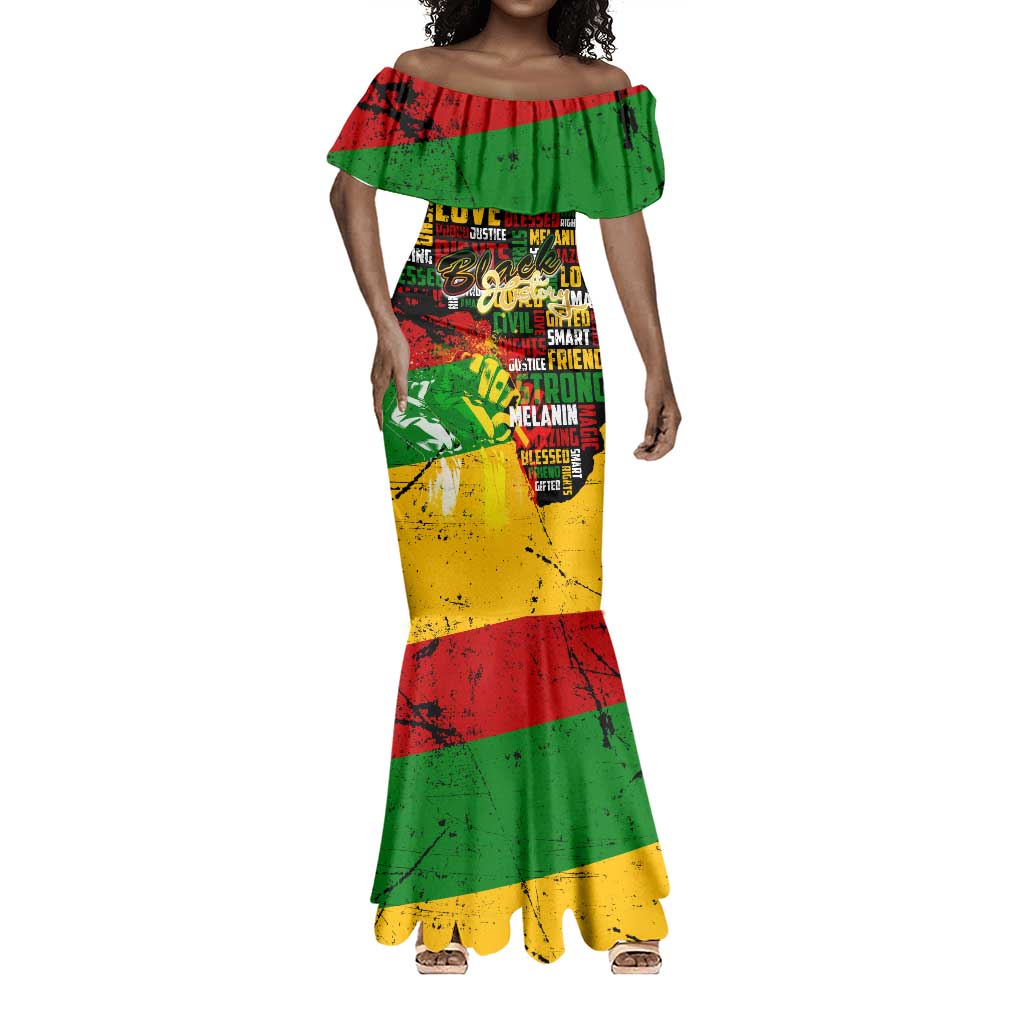 Black History Month Africa Mermaid Dress Strength Love and Justice Typography
