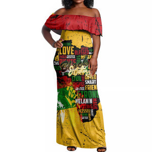 Black History Month Africa Off Shoulder Maxi Dress Strength Love and Justice Typography