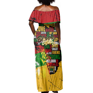 Black History Month Africa Off Shoulder Maxi Dress Strength Love and Justice Typography