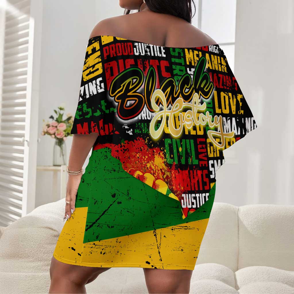 Black History Month Africa Off Shoulder Short Dress Strength Love and Justice Typography