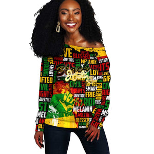 Black History Month Africa Off Shoulder Sweater Strength Love and Justice Typography