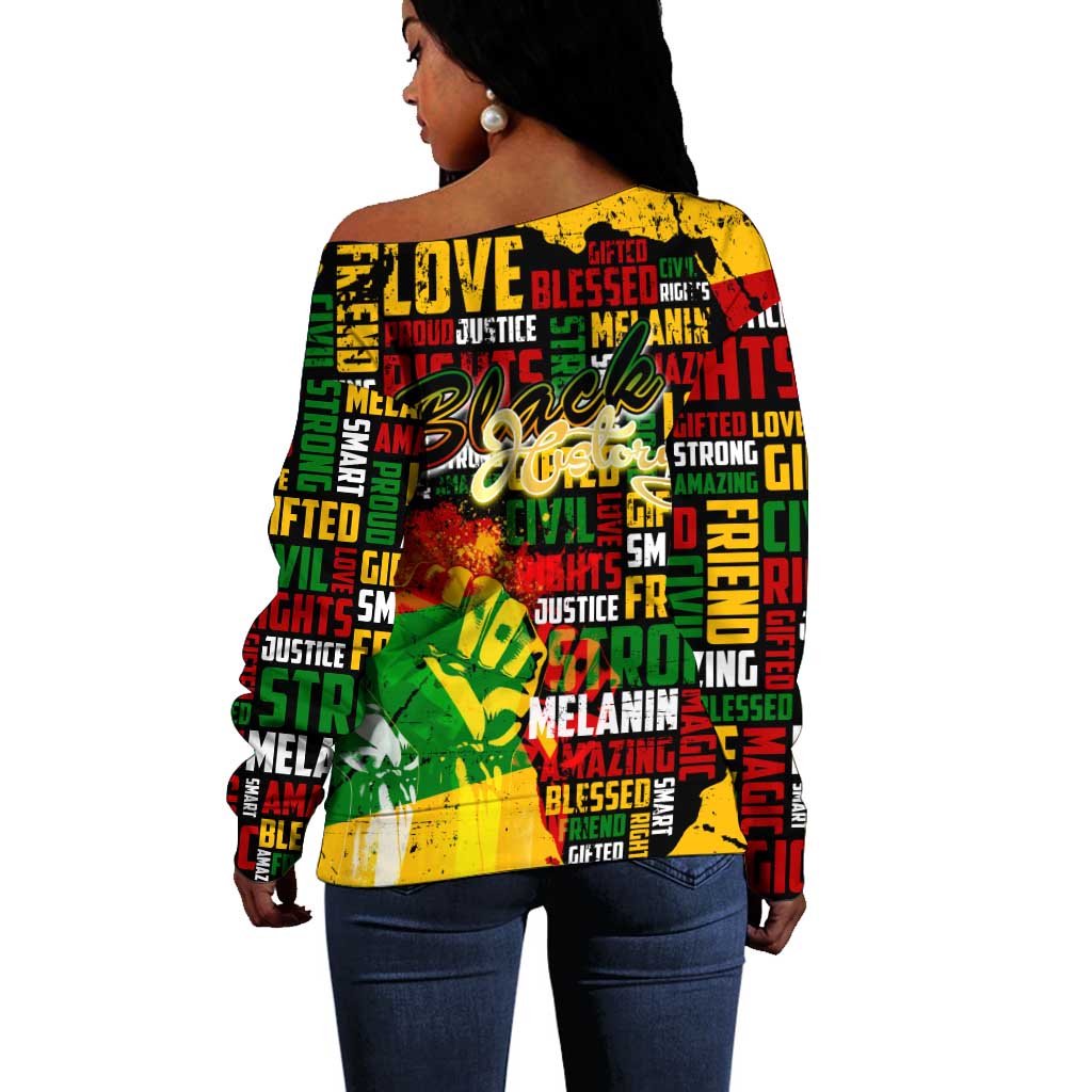 Black History Month Africa Off Shoulder Sweater Strength Love and Justice Typography