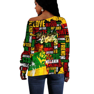 Black History Month Africa Off Shoulder Sweater Strength Love and Justice Typography