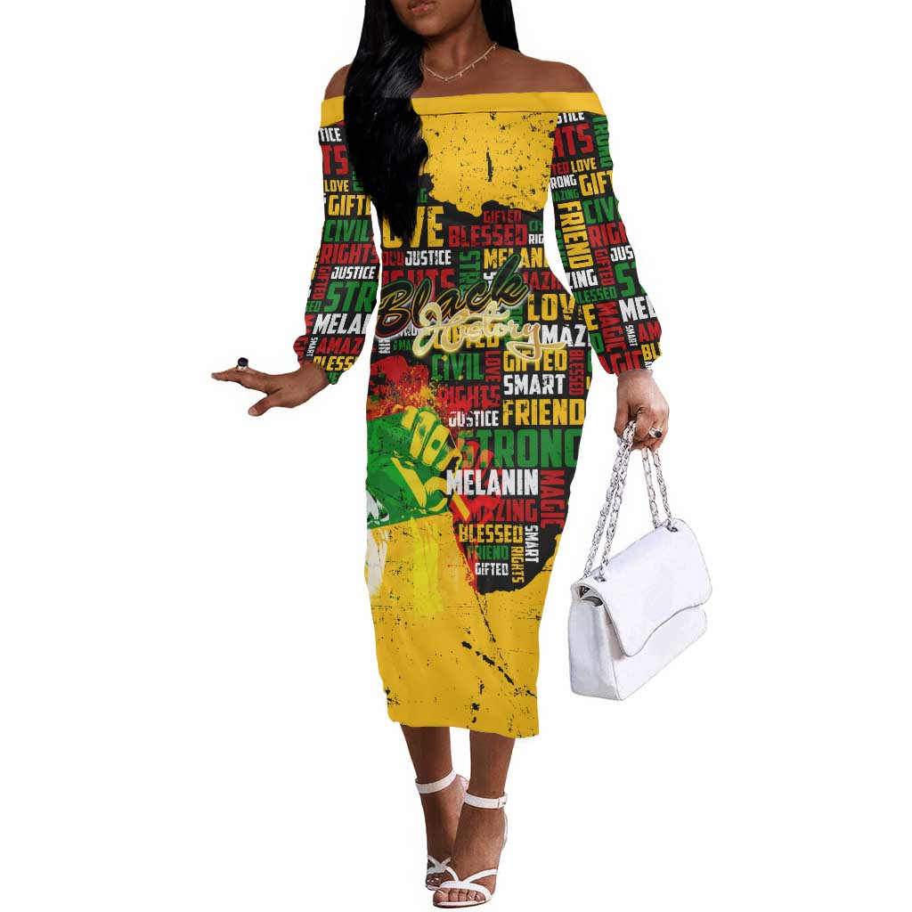 Black History Month Africa Off The Shoulder Long Sleeve Dress Strength Love and Justice Typography