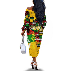 Black History Month Africa Off The Shoulder Long Sleeve Dress Strength Love and Justice Typography