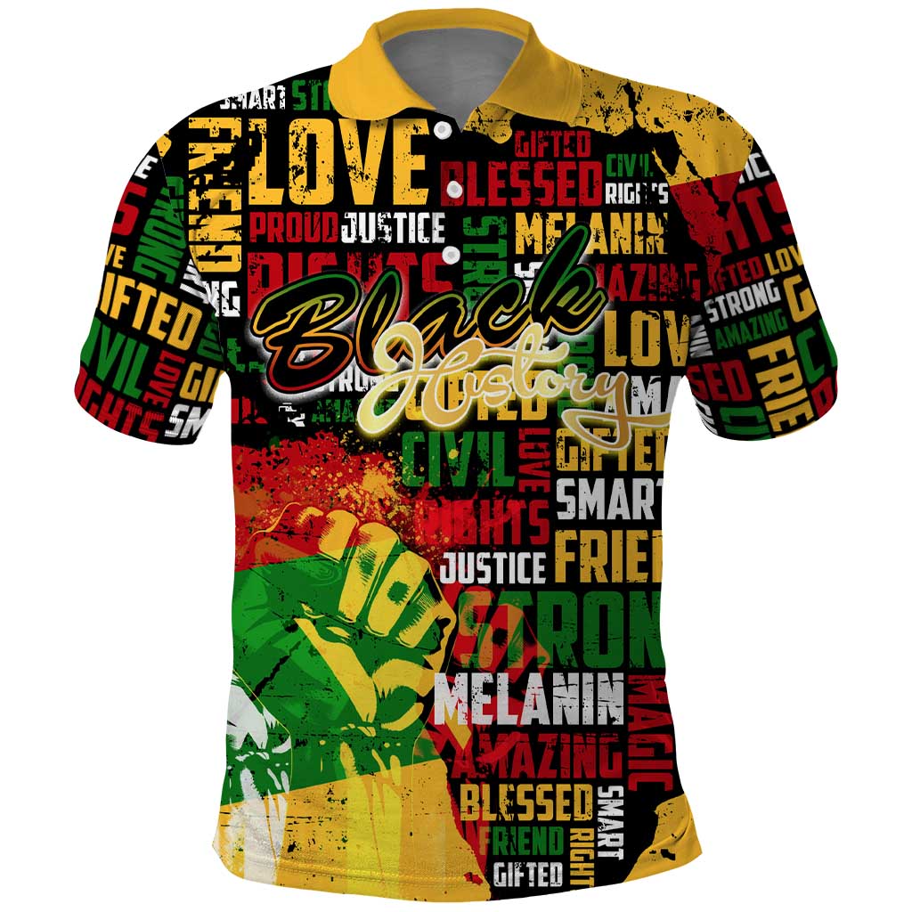 Black History Month Africa Polo Shirt Strength Love and Justice Typography