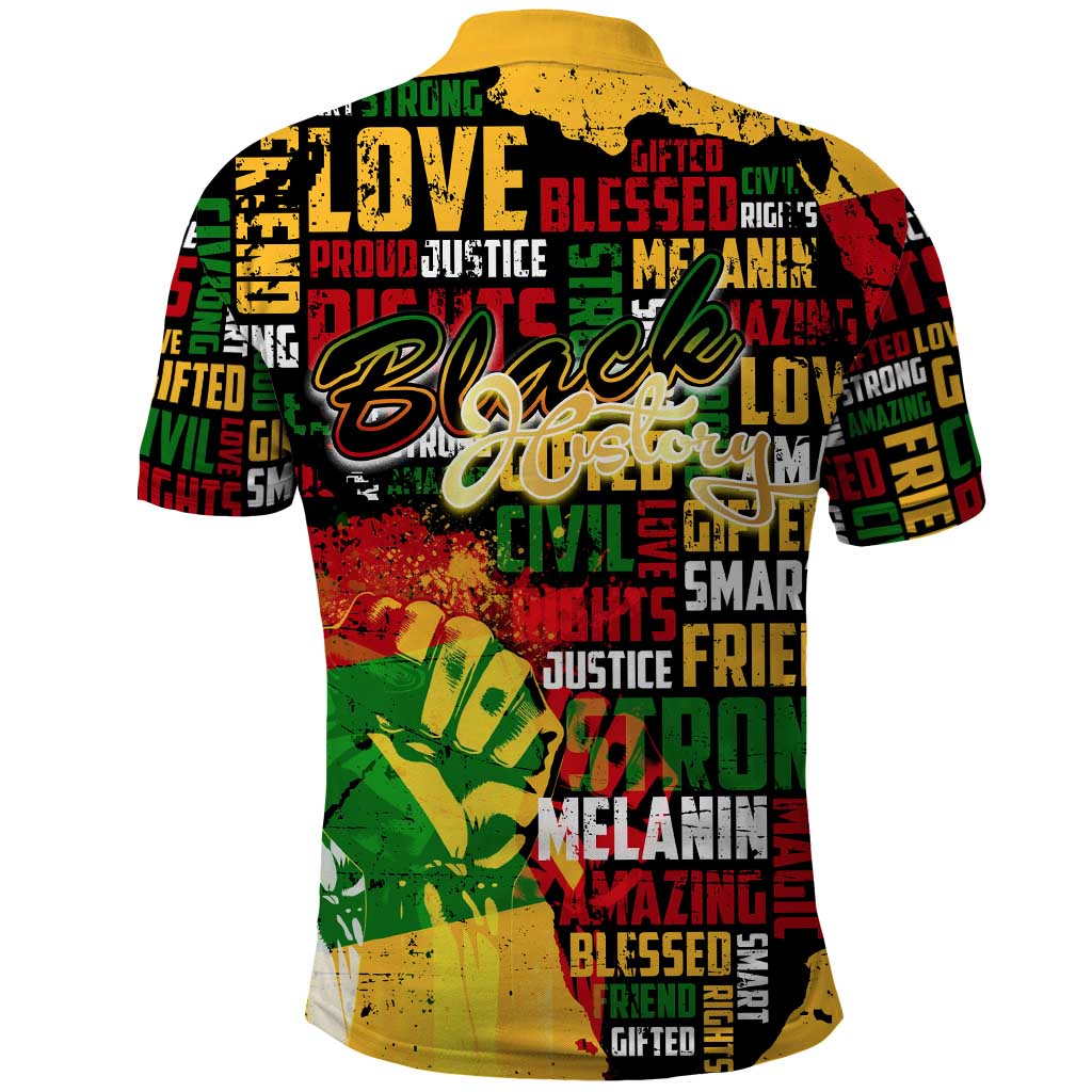 Black History Month Africa Polo Shirt Strength Love and Justice Typography