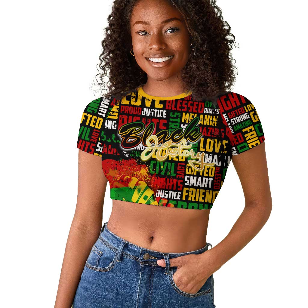 Black History Month Africa Raglan Cropped T shirt Strength Love and Justice Typography