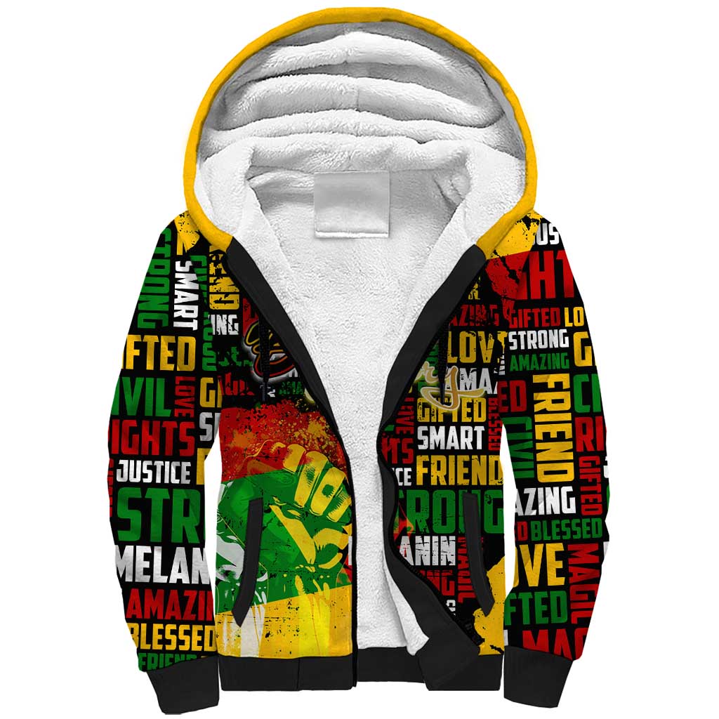 Black History Month Africa Sherpa Hoodie Strength Love and Justice Typography