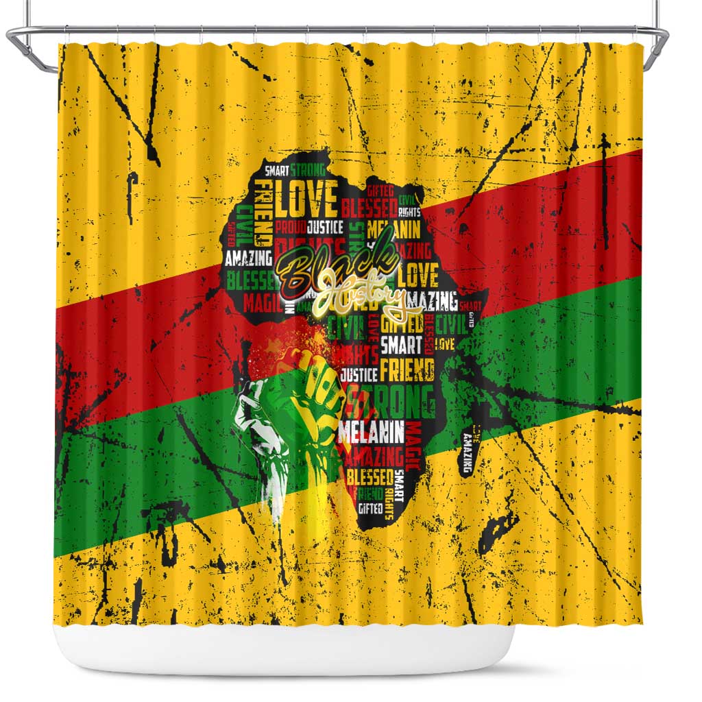 Black History Month Africa Shower Curtain Strength Love and Justice Typography
