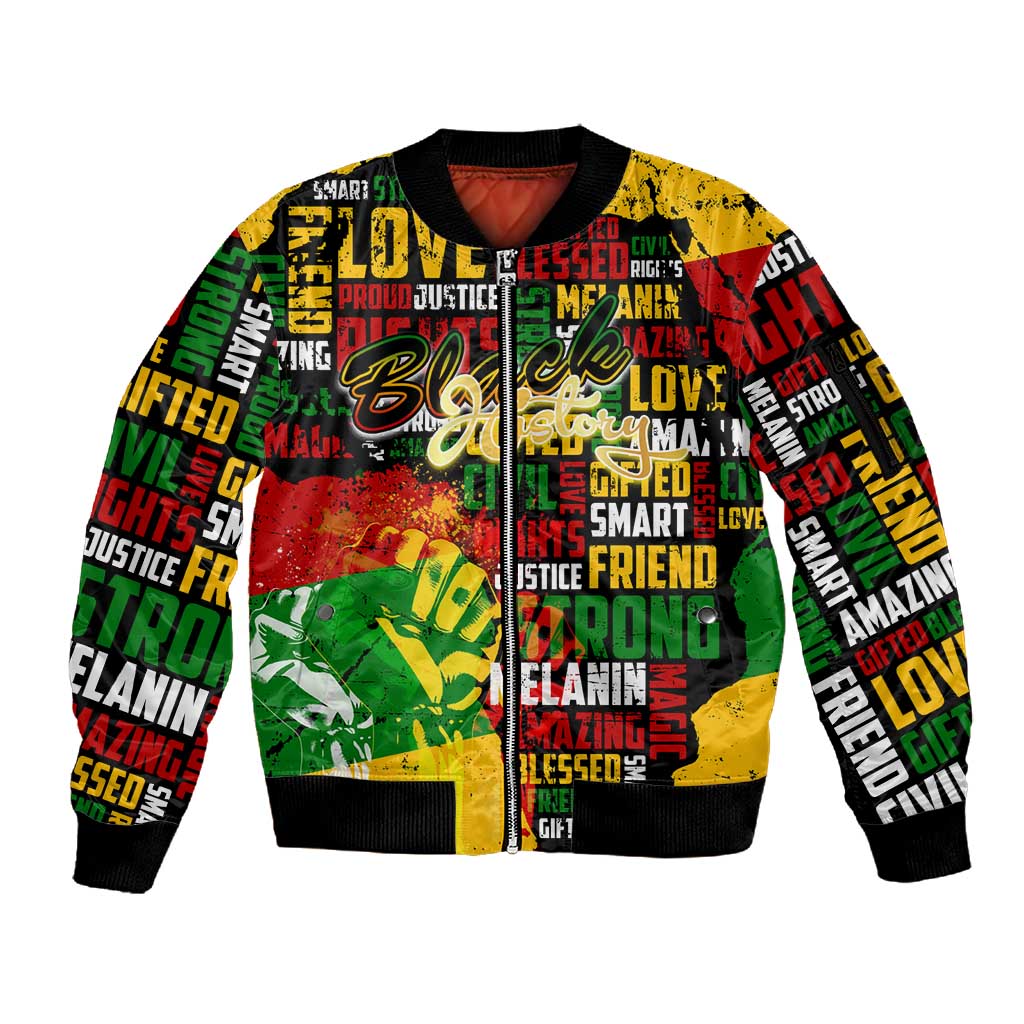 Black History Month Africa Sleeve Zip Bomber Jacket Strength Love and Justice Typography