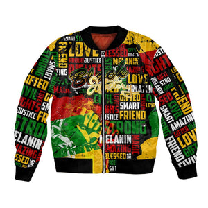 Black History Month Africa Sleeve Zip Bomber Jacket Strength Love and Justice Typography