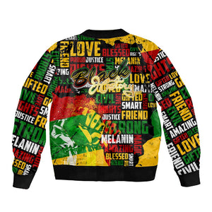 Black History Month Africa Sleeve Zip Bomber Jacket Strength Love and Justice Typography