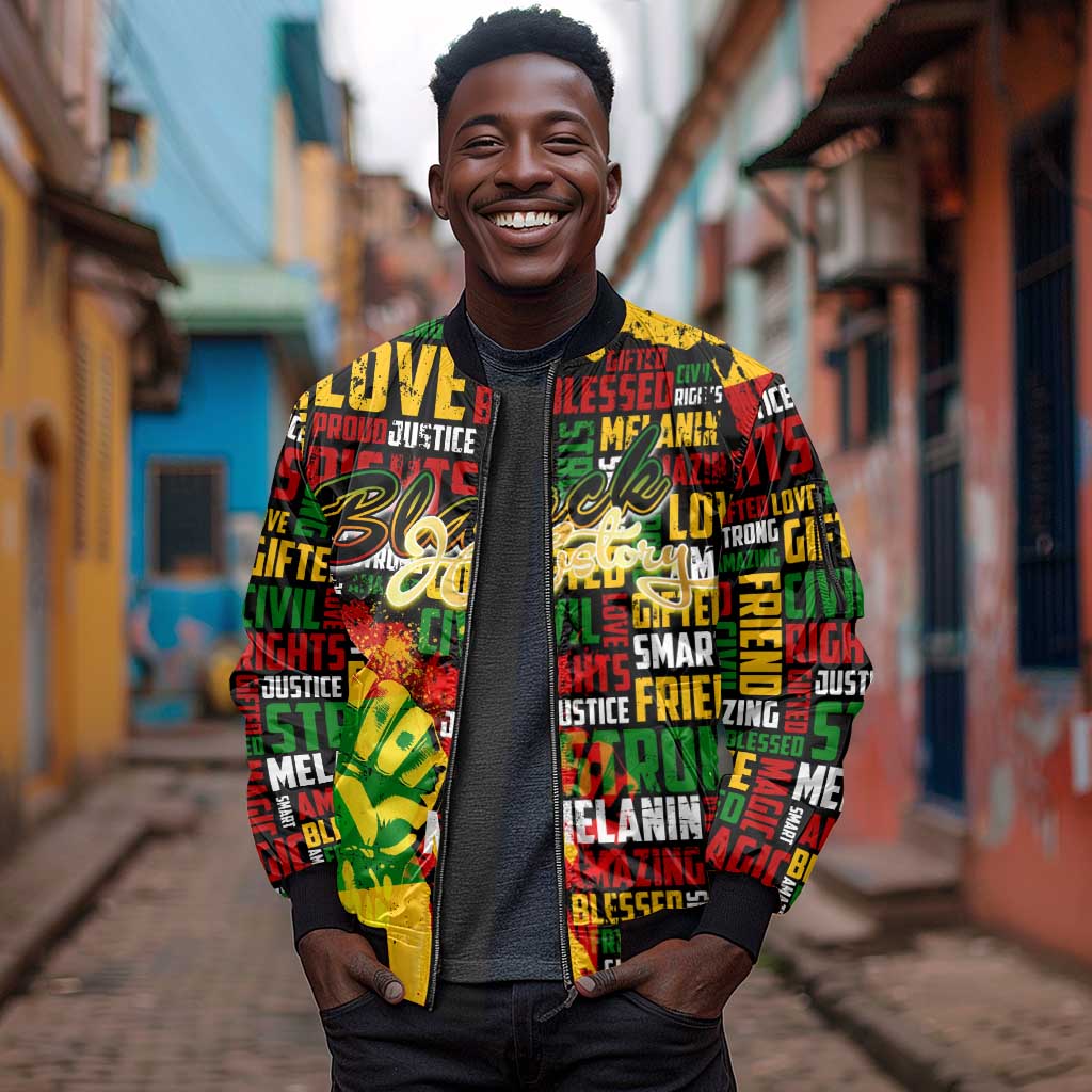 Black History Month Africa Sleeve Zip Bomber Jacket Strength Love and Justice Typography