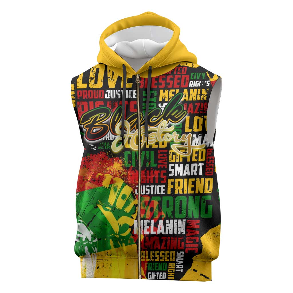 Black History Month Africa Sleeveless Zip Hoodie Strength Love and Justice Typography - African Pride