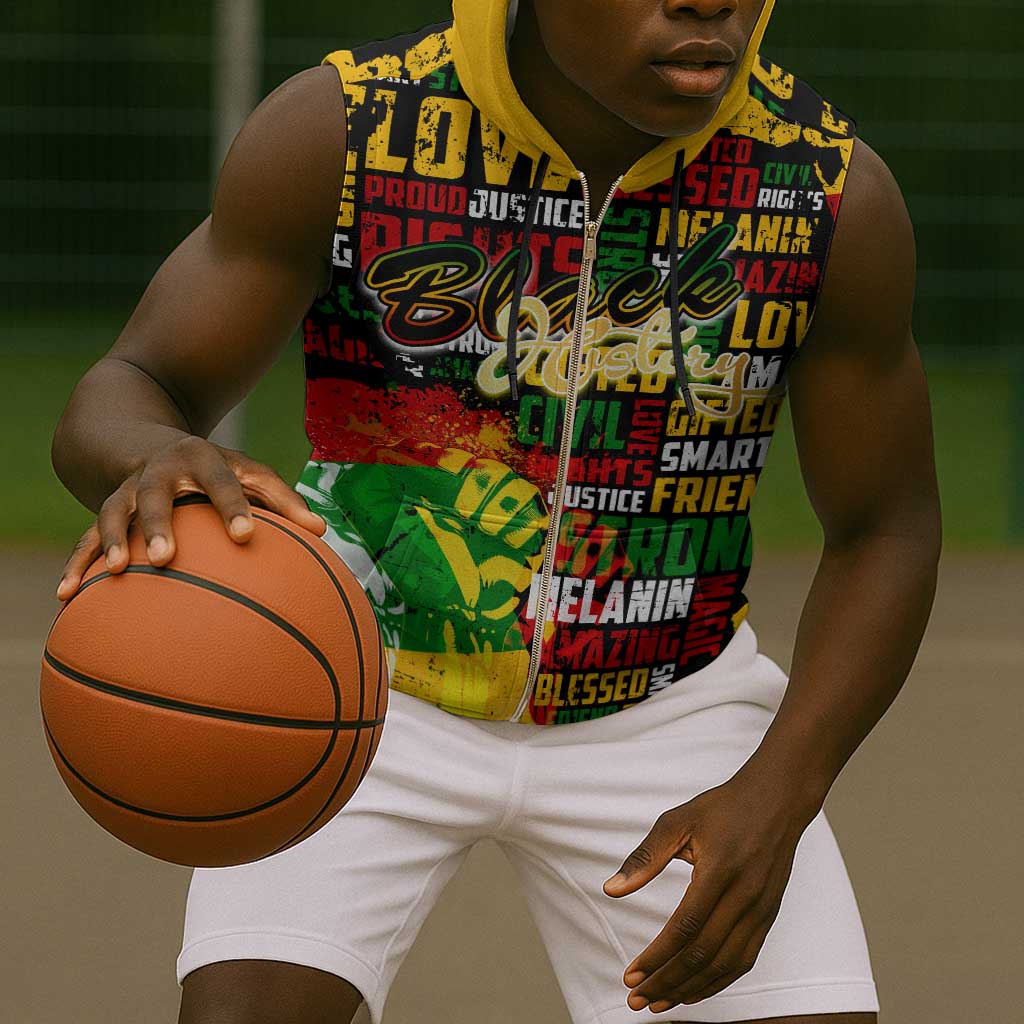 Black History Month Africa Sleeveless Zip Hoodie Strength Love and Justice Typography - African Pride