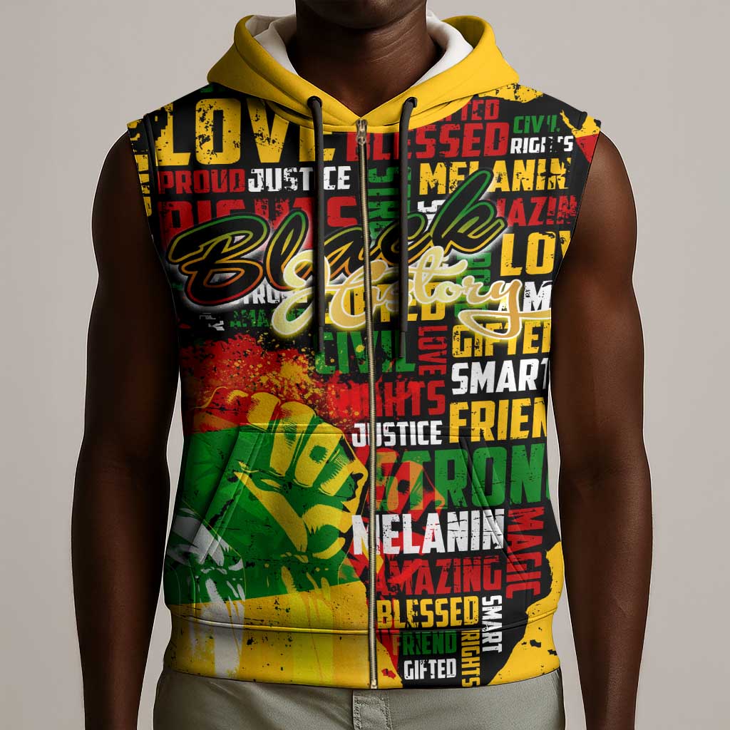 Black History Month Africa Sleeveless Zip Hoodie Strength Love and Justice Typography - African Pride