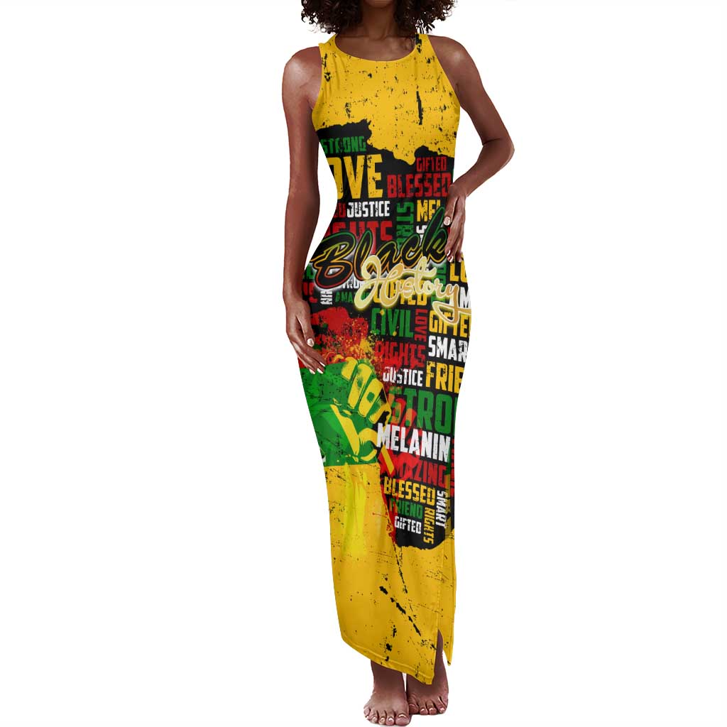 Black History Month Africa Tank Maxi Dress Strength Love and Justice Typography