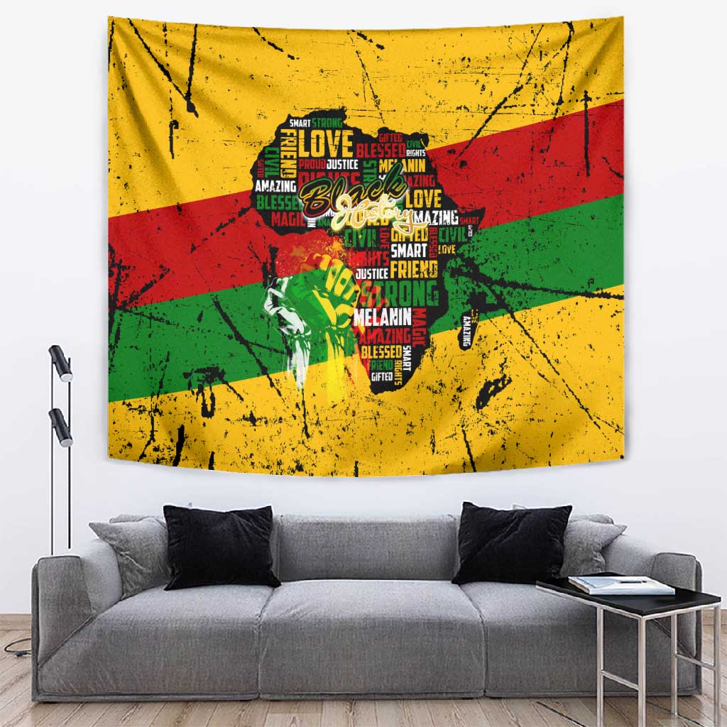 Black History Month Africa Tapestry Strength Love and Justice Typography