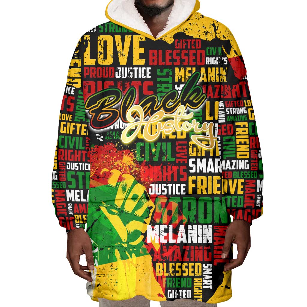 Black History Month Africa Wearable Blanket Hoodie Strength Love and Justice Typography
