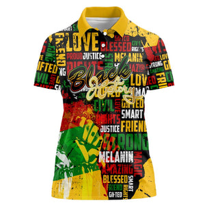 Black History Month Africa Women Polo Shirt Strength Love and Justice Typography