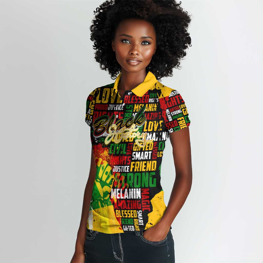 Black History Month Africa Women Polo Shirt Strength Love and Justice Typography