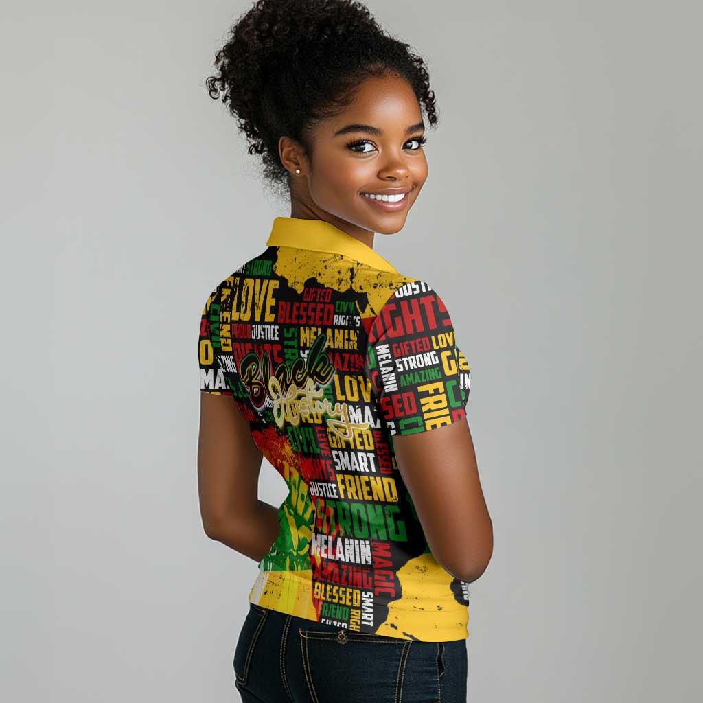 Black History Month Africa Women Polo Shirt Strength Love and Justice Typography