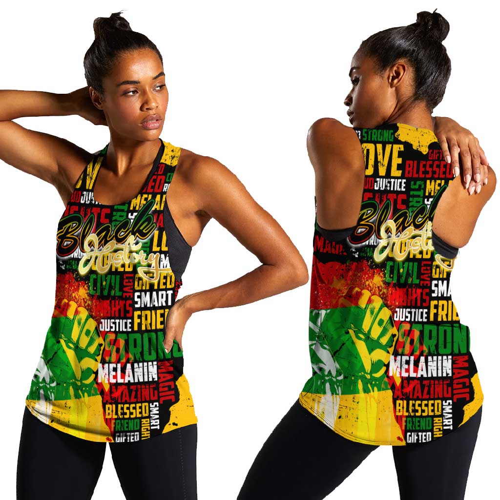 Black History Month Africa Women Racerback Tank Strength Love and Justice Typography