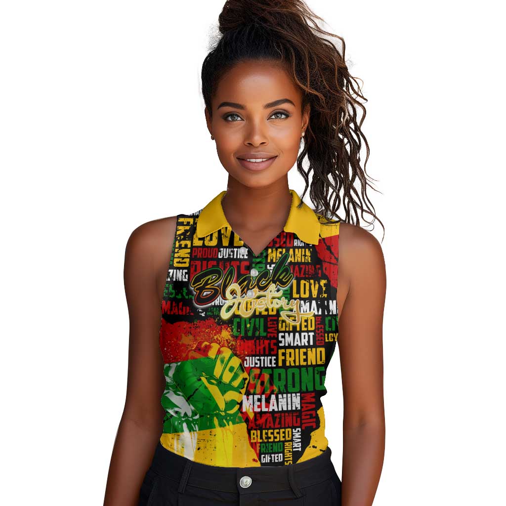 Black History Month Africa Women Sleeveless Polo Shirt Strength Love and Justice Typography
