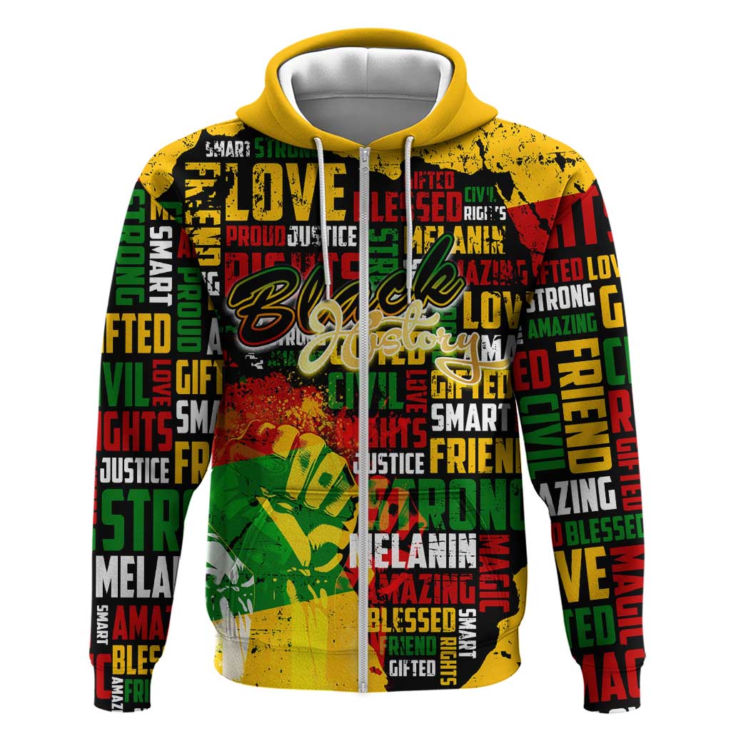 Black History Month Africa Zip Hoodie Strength Love and Justice Typography
