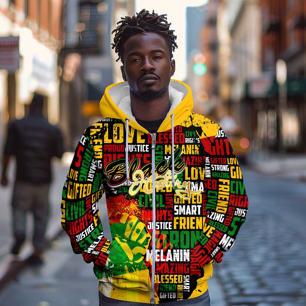 Black History Month Africa Zip Hoodie Strength Love and Justice Typography