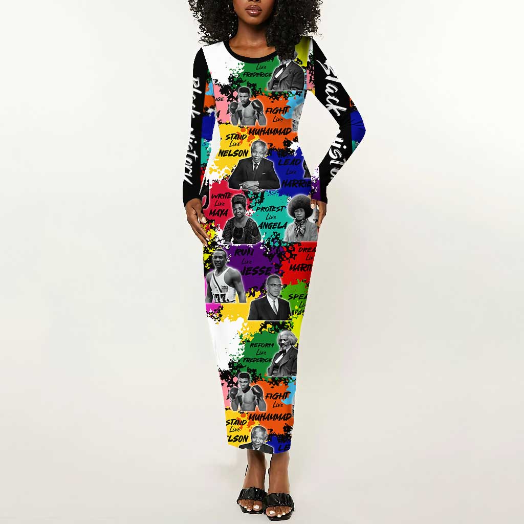 Black History Month African American Long Sleeve Bodycon Dress Paint Splashes DT02
