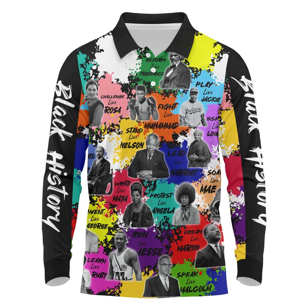 Black History Month African American Long Sleeve Polo Shirt Paint Splashes
