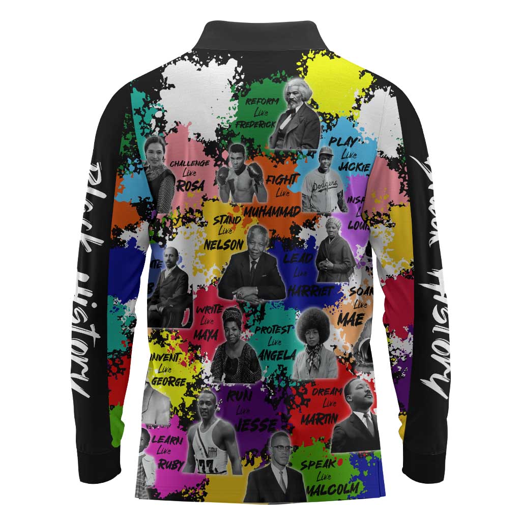 Black History Month African American Long Sleeve Polo Shirt Paint Splashes