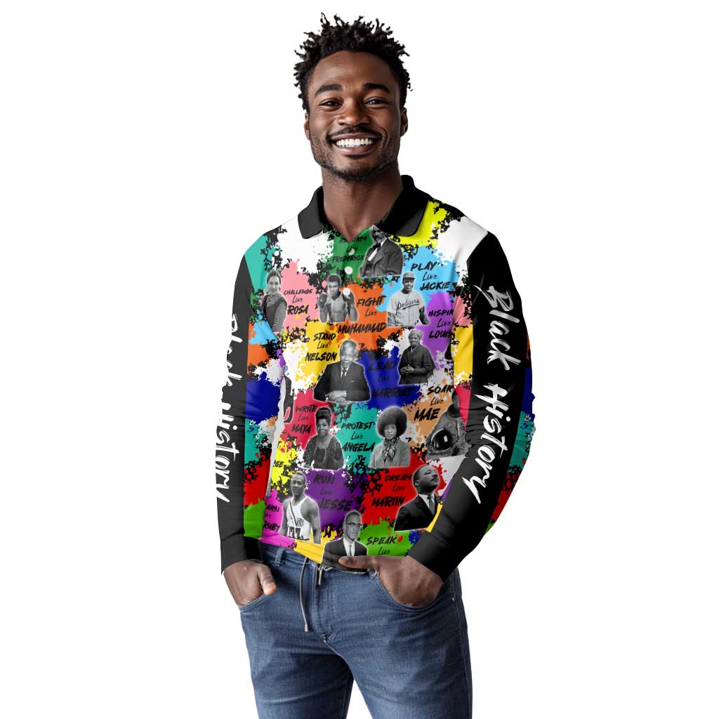 Black History Month African American Long Sleeve Polo Shirt Paint Splashes