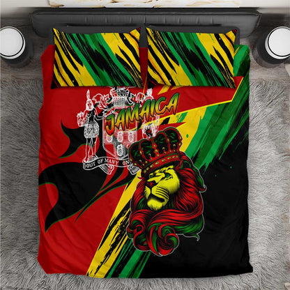 Afro Jamaica Lion Bedding Set Coat Of Arms Rastafarianism