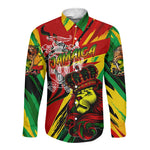 Afro Jamaica Lion Long Sleeve Button Shirt Coat Of Arms Rastafarianism