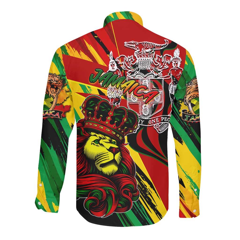 Afro Jamaica Lion Long Sleeve Button Shirt Coat Of Arms Rastafarianism