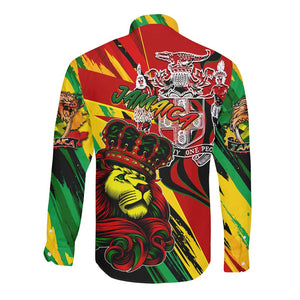 Afro Jamaica Lion Long Sleeve Button Shirt Coat Of Arms Rastafarianism