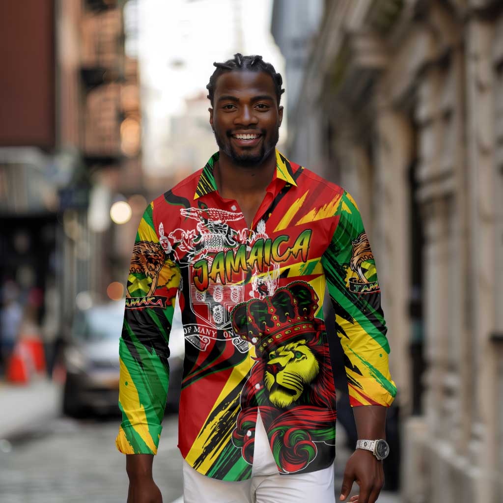 Afro Jamaica Lion Long Sleeve Button Shirt Coat Of Arms Rastafarianism