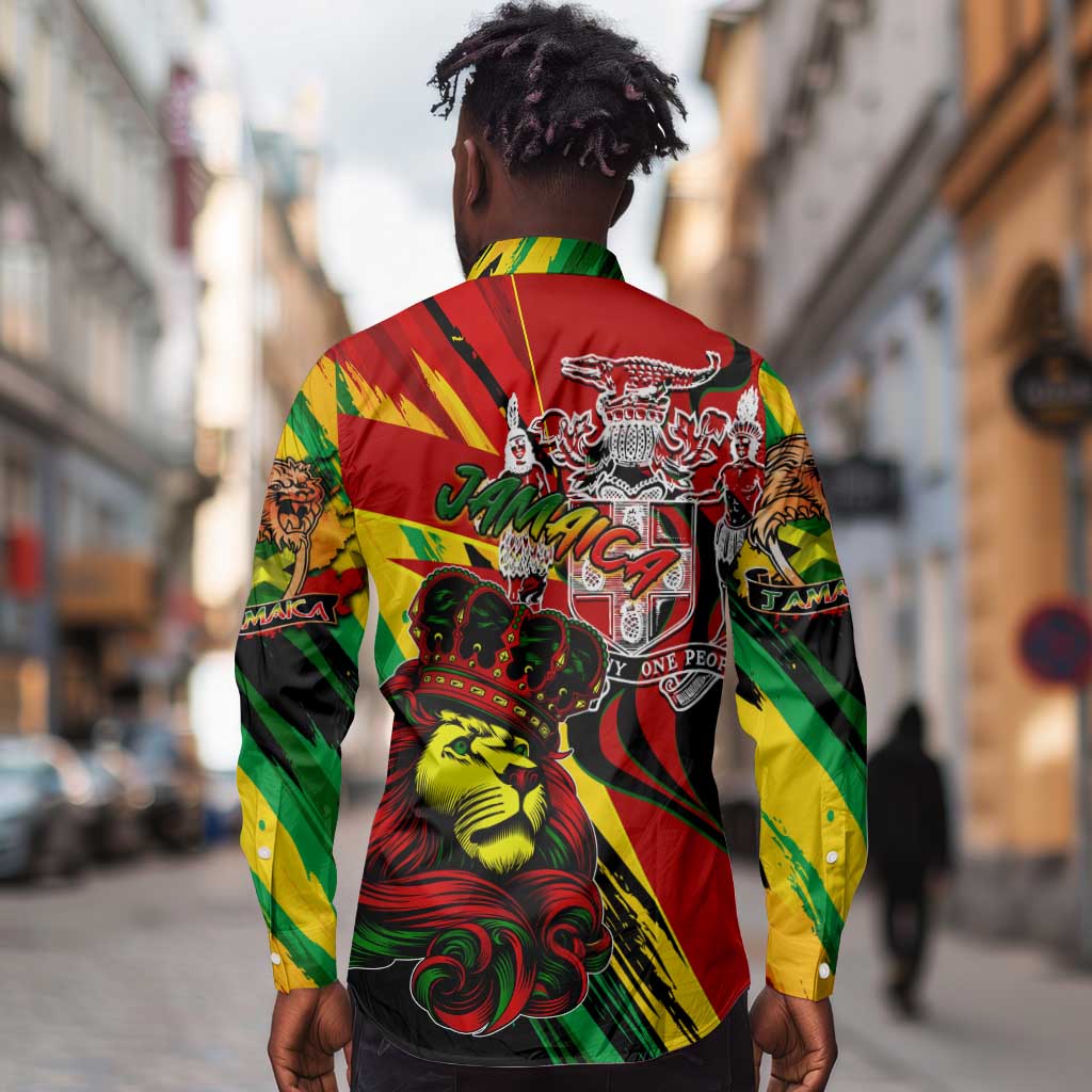 Afro Jamaica Lion Long Sleeve Button Shirt Coat Of Arms Rastafarianism