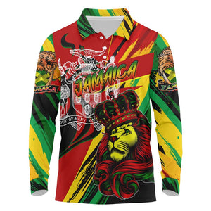 Afro Jamaica Lion Long Sleeve Polo Shirt Coat Of Arms Rastafarianism