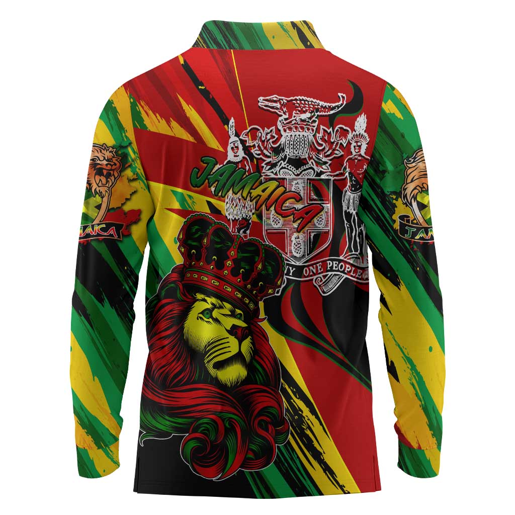 Afro Jamaica Lion Long Sleeve Polo Shirt Coat Of Arms Rastafarianism